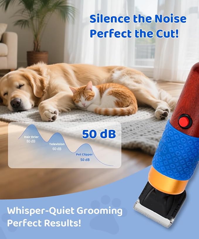 200W Professional Dog Grooming Clippers with Stepless Speed Control, Low Noise <50dB Pet Hair Trimmer Kit, Solid Wood Handle, 2 Blades, Dual-Sided Guide Combs, Heavy-Duty Plug-in Clippers for Cats