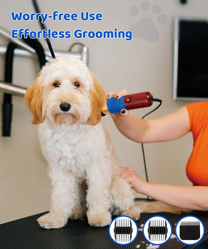 200W Professional Dog Grooming Clippers with Stepless Speed Control, Low Noise <50dB Pet Hair Trimmer Kit, Solid Wood Handle, 2 Blades, Dual-Sided Guide Combs, Heavy-Duty Plug-in Clippers for Cats