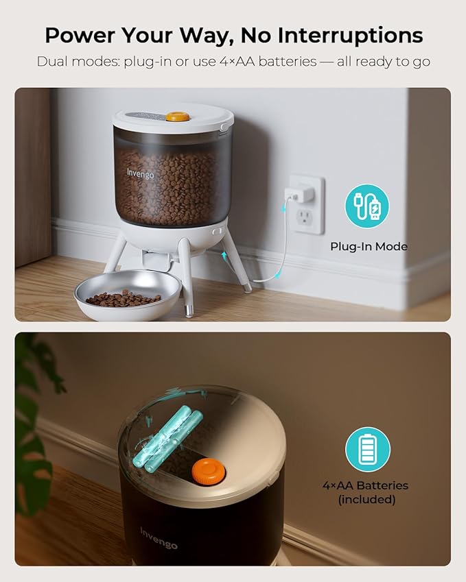 Automatic Cat Feeder, 3L Timed Pet Feeder for Cats & Small Dogs, Dual Power USB & Battery, Clear Hopper, Easy-Clean, Dry Food & Kibble, Up to 6 Meals Daily