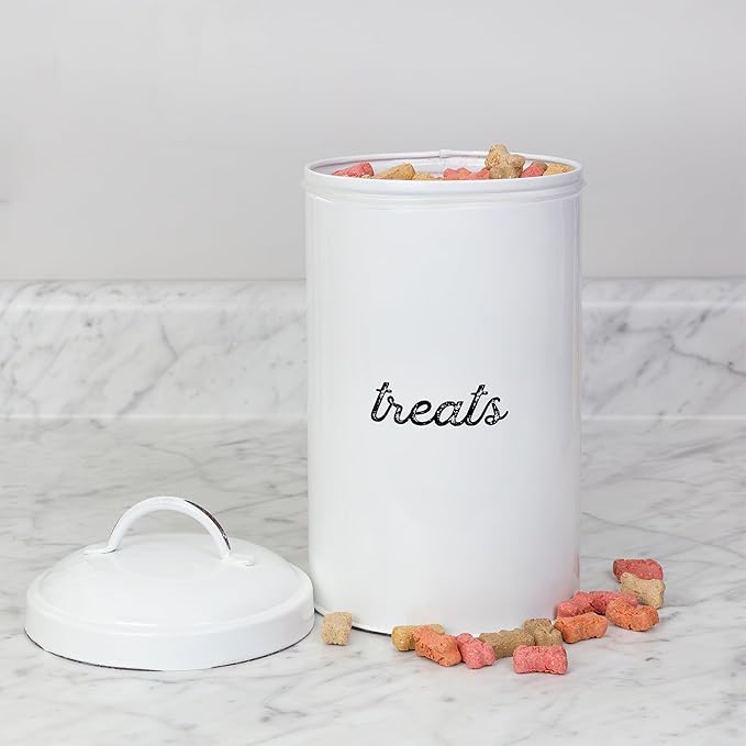 AuldHome Design Enamelware Dog Treat Jar, White Rustic Treats Container