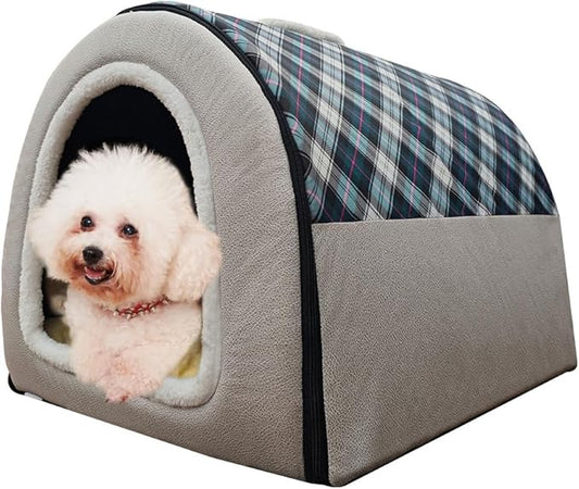Dog Bed or Cat Bed,2 Ways to Use,Indoor Pet House with Fluffy Mat,Removable and Washable Cover,Splash-Proof House and Non-Slip Bottom,for Medium Dogs and Cats(L Plaid & Gray)