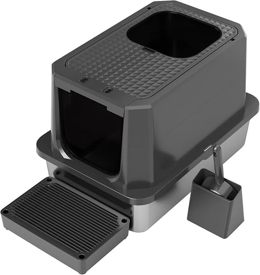 RIZZARI Enclosed Cat Litter Box: All Black Stainless Steel Odorless Cat Box - Top-Entry Design - Large Capacity Leak Proof Litter Pan for Cats - Easy Clean Pet Toilet - for Living Room Bedroom