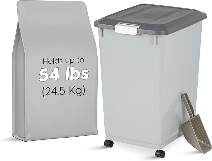 IRIS USA Dog Food Storage Container 50 lbs, 2-Pack with Wheels, Airtight Lid, 2-Cup Scoop, Double Pet Food Storage, Built in Scoop Storage in Lid, Versatile Pet Food Bin, Portable, Gray/Dark Gray
