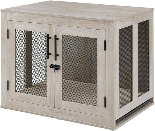 unipaws 30 Inch Dog Crate Furniture, Wooden Dog Kennel for Small Breeds, Indoor Decorative Wood Dog Cage, Inside Side End Table Crate with Removable Tray and Cushion Bed, Puppy Enclosure