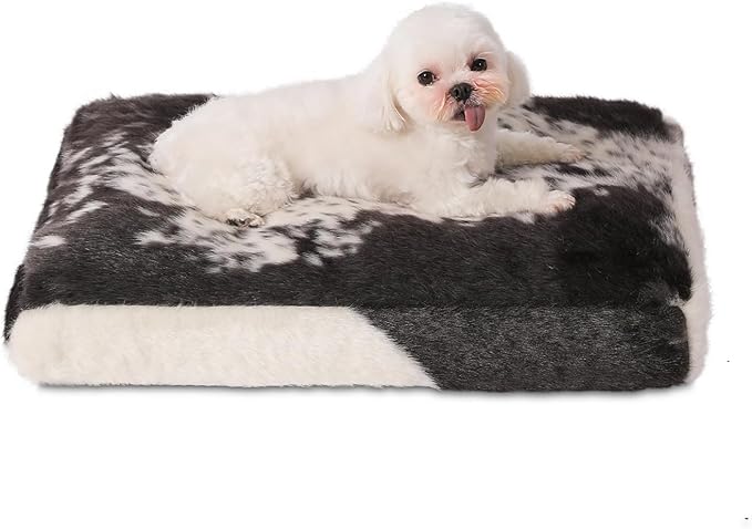 Bedfolks Waterproof Crate Bed, Plush Dog & Cat Bed with Removable Washable Cover, Faux Fur Kennel Pad, 21"x13", Black-White Cowhide