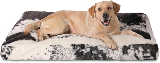 Bedfolks Waterproof Crate Bed, Plush Dog Kennel Pad with Removable Washable Cover, Faux Fur, Fluffy 47"x29", Black-White Cowhide