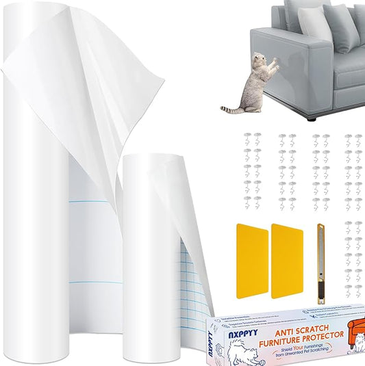 Cat Scratch Furniture Protector Set, Single-Sided Couch Protector from Cats Claws, Cat Anti Scratch for Furniture, Cats Scratching, Couch, 2 Rolls(196.8"X15.8" + 118.1"X7.9") with 50 Twist Pins
