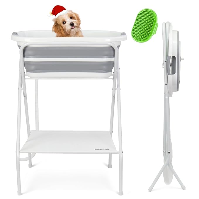 2 in 1 Dog Bath Tub Dog Washing Station with Bath Brush for Bathing and Grooming, Elevated Collapsible Foldable Portable Shower Bathtub for Small Dogs Cats Pet with Scrubber