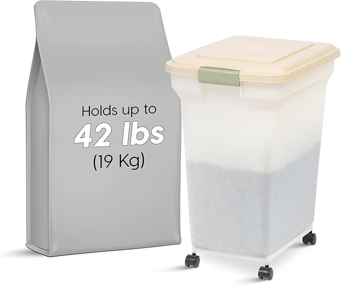 IRIS USA Airtight Dog Food Storage Container, WeatherPro, Up to 40 lbs, Removable Wheels, for Dog Cat Bird and Other Pet Food Storage Bin, Keep Fresh, Translucent Body, Made in USA, Clear/Almond