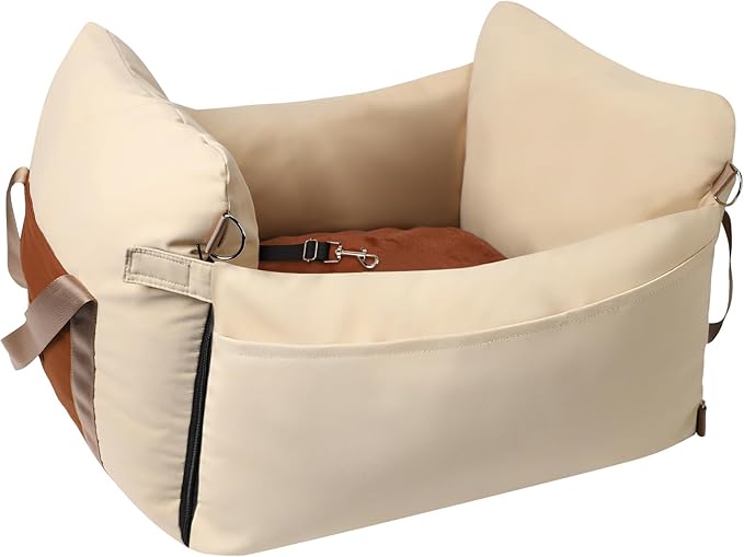 Dog Car Seats for Small Dogs, Waterproof Puppy Car Seat with Side Handles and Large Pockets, Clip-On Safety Leash and PP Cotton Filling, Pet Booster Seat for Small Dog up to 25lbs (Apricot)