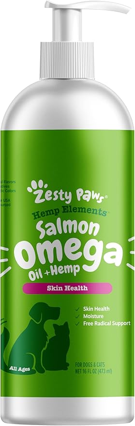 Zesty Paws Salmon Omega Oil Hemp for Dogs and Cats with Wild Alaskan Salmon Oil Omega 3 and 6 Fatty Acids with EPA DHA for Pets Supports Normal Skin Moisture and Immune System Function 16oz