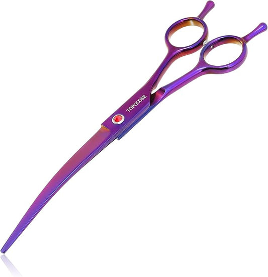 TOPGOOSE 7.5" Dog Grooming Scissor - Professional Down-curved Shear with Ergonomic Handle Japanese Stainless Steel Hair Scissor for Dogs, Cats and Other Pets, Sharp (Curved, Purple)