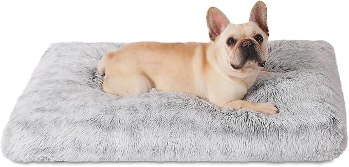 Bedfolks Plush Dog Crate Bed, Washable Cover, Faux Fur Dog Kennel Pad - 35"x23", Grey