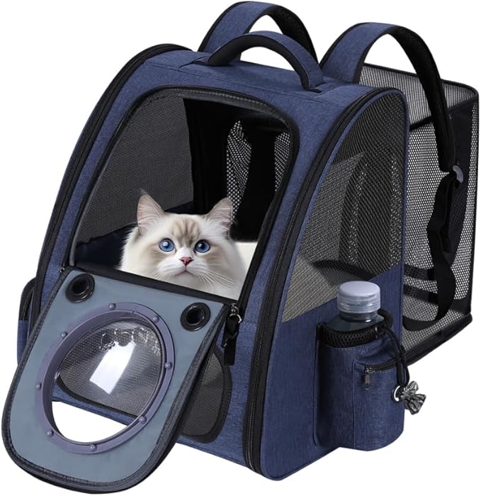 Bubble Cat Backpack Carrier, Expandable Cat Carrier Backpack,Breathable Pet Backpack for Medium Cat,Kitten and Small Puppy, Large Space,Portable Bags Foldable Dog Backpack for Traveling,Hiking (Blue)
