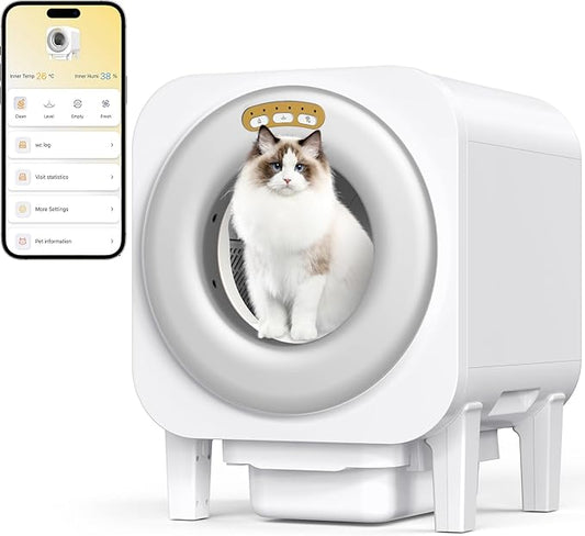 Smart Automatic Cat Litter Box with App Control, Fresh Air System Deodorization,Self-Cleaning, Temperature and Humidity Monitor, Self Cleaning Litter Box for Multiple Cats,White