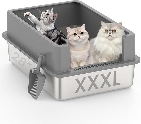 【No Sifting】 Tiuubt XXXL Stainless Steel Litter Box for Cats, 28''x20''x12'' Extra Large Metal Litter Box with High Sided Lid, for Big Cats, Multi-Cat Household, Non-Sticky & Easy to Clean