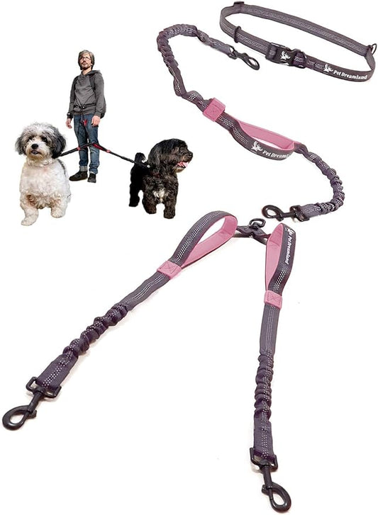 Pet Dreamland Exquisite Hands Free Dual Dog Leash for Medium Dogs. Trending Waist Leash for Walking 2 Dogs No Tangle. You Will Absolutely Love This Amazing Double Dog Gear (Dark Grey & Pink)
