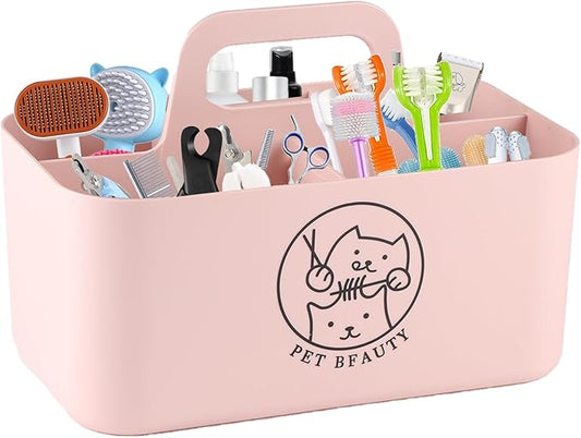 5-Compartment Pink Dog Stuff Storage Caddy for Grooming Supplies, Portable Organizer with Handle