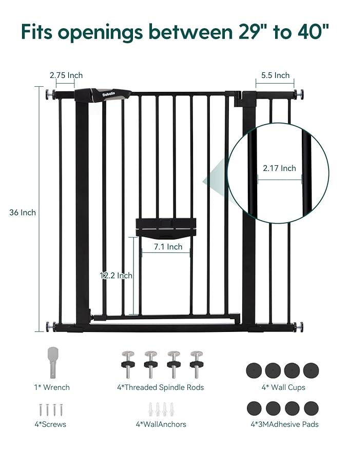 BABELIO 36 Inch Extra Tall Baby Gate with Cat Door,29.5-40" Metal Pet Door for Stairs,Doorways,House,Auto Close,Easy Walk Thru,Black