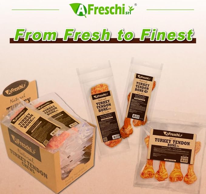 AFreschi Turkey Tendons for Dogs, USA-Sourced, Healthy Dog Treats, Rawhide-Free Puppy Chews, Long Lasting, All Natural, Hypoallergenic Dog Treats for Large Breeds, 10 Count Box Bone (L)