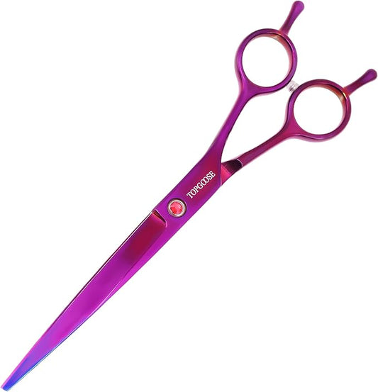 TOPGOOSE 7.5'' Dog Straight Scissors for Grooming 440C Stainless Steel Professional Pet Trimming Scissors Sharp Blades Cutting for Dogs and Cats Shears (Straight, Purple)