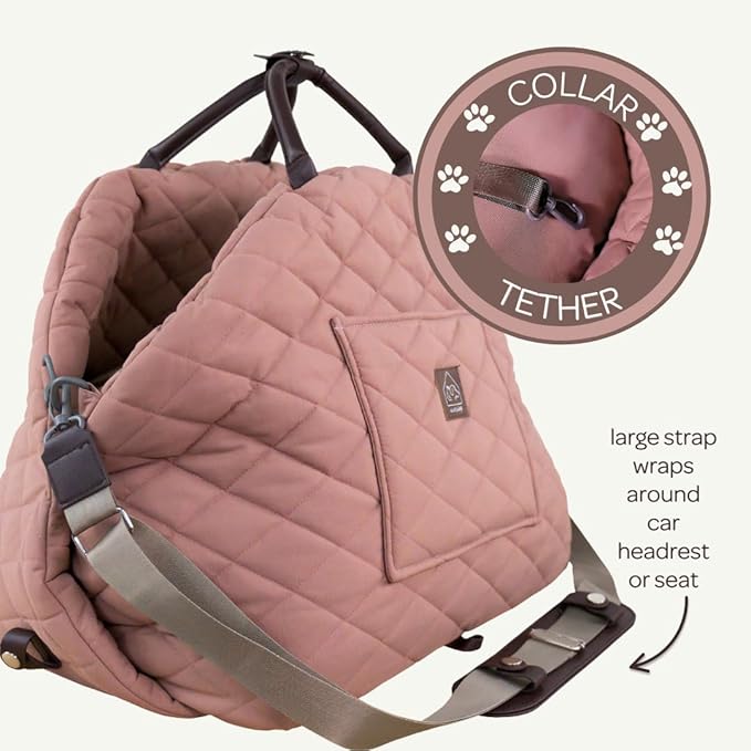 4 Cats & Dogs Mew Mew Travel Pet Bed – Soft Carrier for Small Dogs & Cats, Water-Resistant Quilted Shell, Adjustable Belts, Anti-Slip Bottom, Portable Pet Bed & Travel Bag - Rose