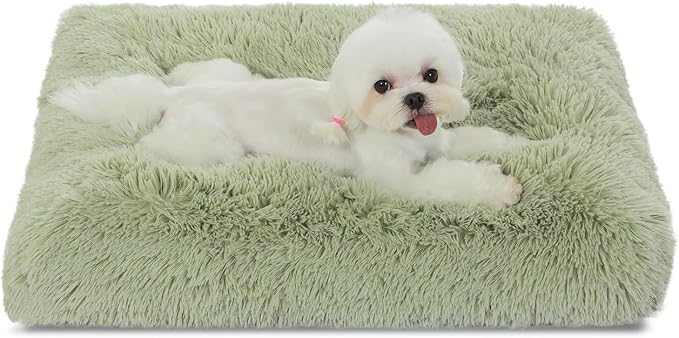 Bedfolks Waterproof Crate Bed, Plush Dog & Cat Kennel Pad with Removable Cover, Faux Fur, Washable, 17"x12", Sage Green