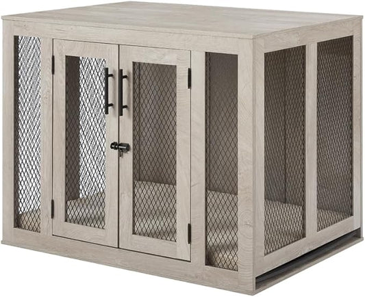 unipaws 38.5 Inch Large Dog Crate Furniture, Wooden Dog Kennel for Large Breed, Indoor Decorative Wood Dog Cage, Inside Side End Table Crate with Tray and Dog Bed, Dog Enclosure