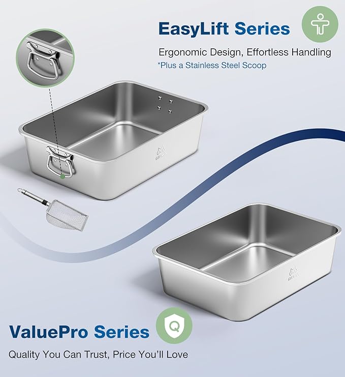 Stainless Steel Litter Box, Metal Cat Litter Box with High Sides, Odor-Free, Non-Stick, Easy to Clean, 17.5"×13.6"×5.9", Ideal Size for Small to Medium Cats, Litter Tray