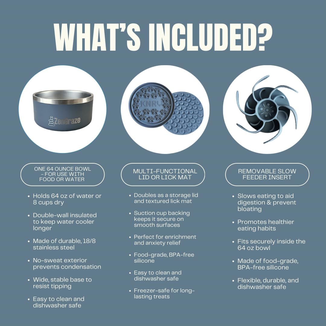 Stainless Steel Slow Feeder Dog Bowl for Large Dogs | 64 oz, Non-Slip Base with Textured Lick Mat Lid & Silicone Slow Feeder Insert – Deep Anti-Gulp Metal Puzzle Bowl for Large Breeds (Steel Gray)