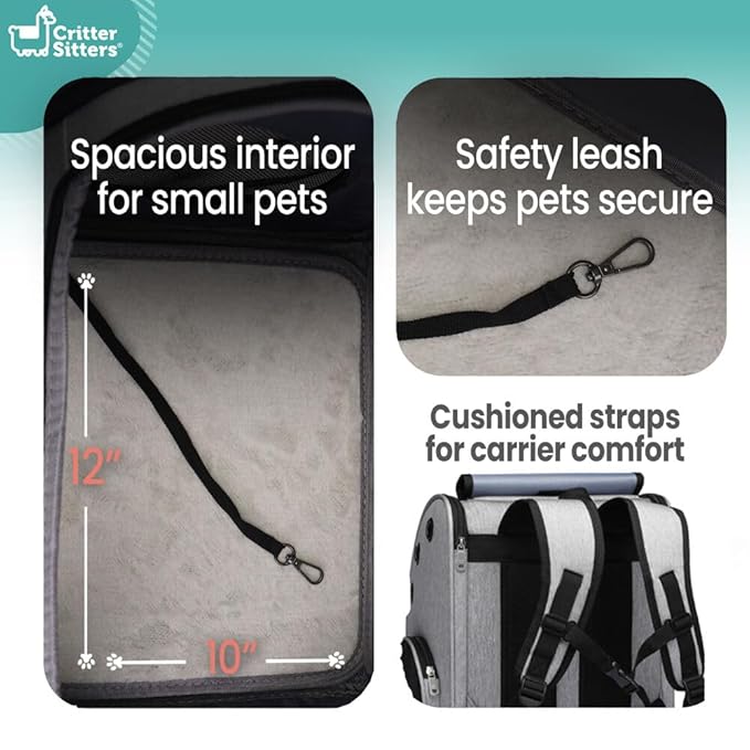 Critter Sitters Grey Pet Backpack for Small Dogs, Cats with Scratch Resistant Breathable Mesh Windows, Airline Carry-On Approved, Safety Leash, Pockets, Durable Transporation for Animals