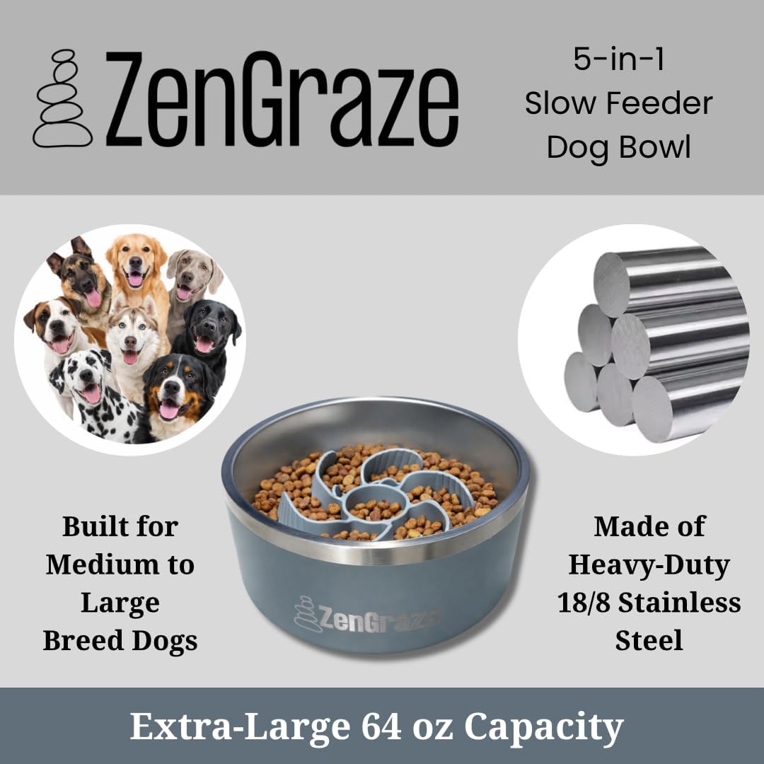 Stainless Steel Slow Feeder Dog Bowl for Large Dogs | 64 oz, Non-Slip Base with Textured Lick Mat Lid & Silicone Slow Feeder Insert – Deep Anti-Gulp Metal Puzzle Bowl for Large Breeds (Steel Gray)