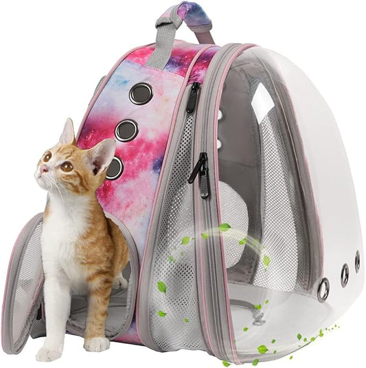 Front Expandable Cat Backpack Carrier, Fit up to 20 lbs, Space Capsule Astronaut Bubble Window Backpack for Large Fat Cat and Small Puppy, Galaxy Pink Print
