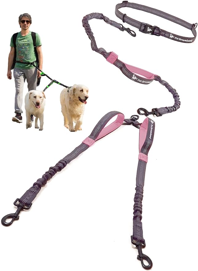 Pet Dreamland Exquisite Hands Free Dual Dog Leash for Large Dogs. Trending Waist Leash for Walking 2 Dogs No Tangle. You Will Absolutely Love This Amazing Double Dog Gear (Dark Grey & Pink)