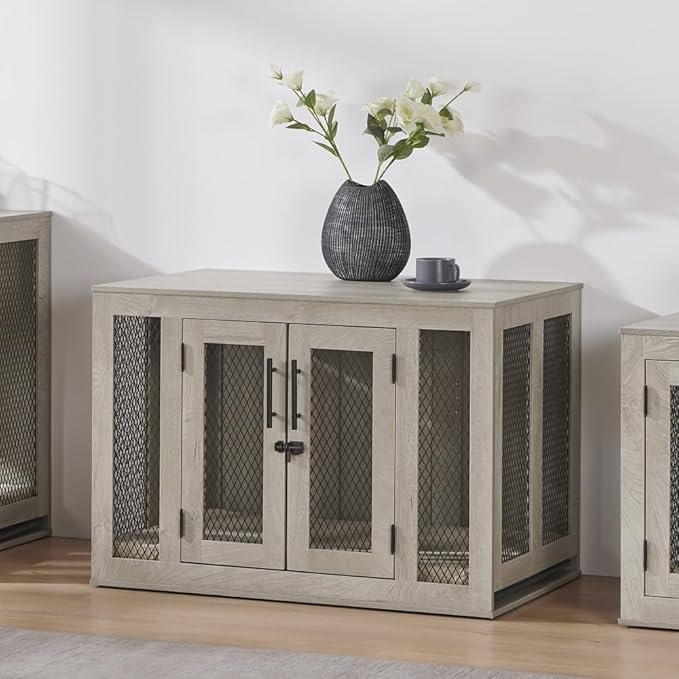 unipaws Furniture Style Dog Crate with Cushion and Tray, Mesh Dog Kennels with Double Doors, End Table Dog House, Medium Crate Indoor Use, Chew-Proof