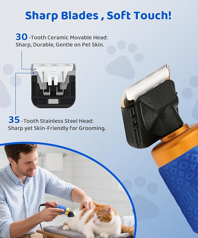 200W Professional Dog Grooming Clippers with Stepless Speed Control, Low Noise <50dB Pet Hair Trimmer Kit, Solid Wood Handle, 2 Blades, Dual-Sided Guide Combs, Heavy-Duty Plug-in Clippers for Cats