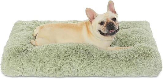 Bedfolks Waterproof Crate Bed, Plush Dog Kennel Pad with Removable Cover, Faux Fur, Washable, 35"x23", Sage Green
