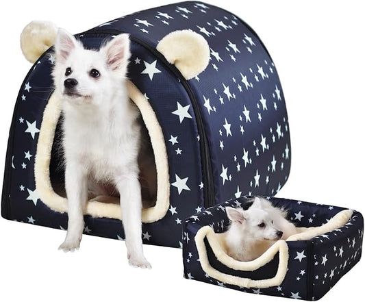 Dog Bed or Cat Bed,2 Ways to Use,Indoor Pet House with Fluffy Mat,Removable and Washable Cover,Splash-Proof House and Non-Slip Bottom,for Medium Dogs and Cats(L Star)