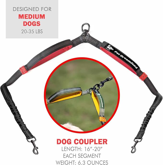 Pet Dreamland Exquisite Dual Dog Leash Coupler No Tangle Swivel. Premium Quality & Perfect for Walking Two Medium Dogs. You Will Absolutely Love This Amazing Double Attachment (Black & Red)