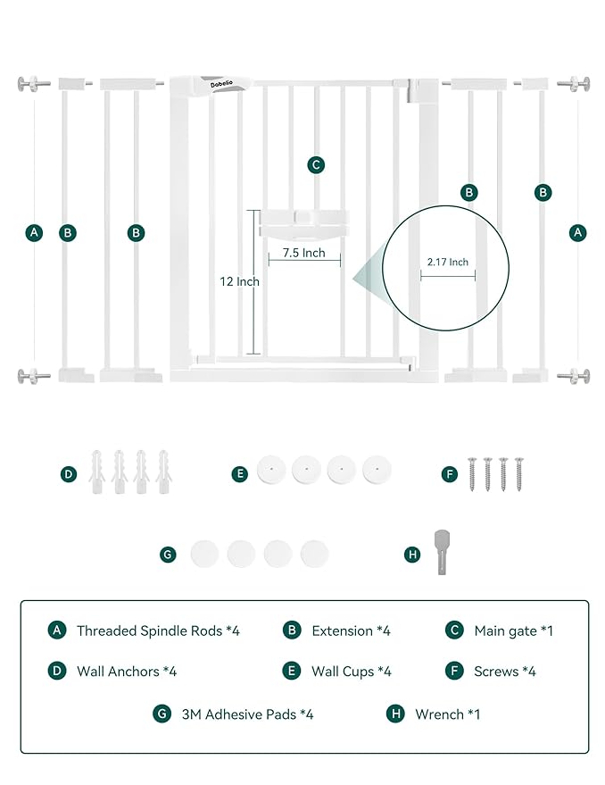 BABELIO 29-48" Extra Wide Baby Gate with Cat Door,Auto Close Metal Pet Door for Stairs, Doorways, House, Pressure/Hardware Mounted, Easy Walk Thru, White