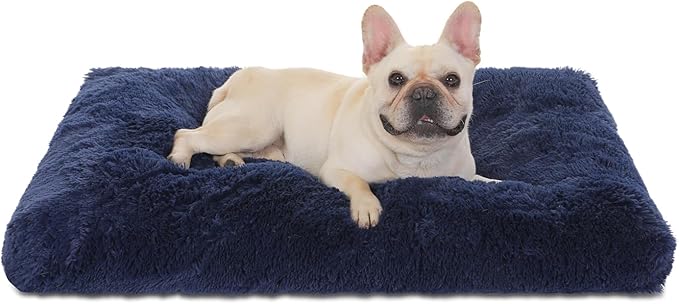 Bedfolks Waterproof Dog Crate Pad, Plush With Removable Cover, Faux Fur for Large Dogs, Fluffy Washable Kennel Bed 35"x23", Solid Dark Blue