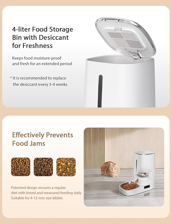 Automatic Cat Feeder,4L Programmable Timed Dog Food Dispenser,Portion Control,Pet Dry Food Container,Up to 60 Portions 6 Meals/Day,Opaque White,for Cats and Small Medium Dogs,for Travel & Weekend Use