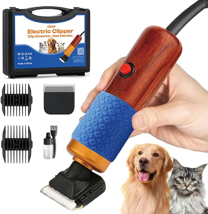 200W Professional Dog Grooming Clippers with Stepless Speed Control, Low Noise <50dB Pet Hair Trimmer Kit, Solid Wood Handle, 2 Blades, Dual-Sided Guide Combs, Heavy-Duty Plug-in Clippers for Cats