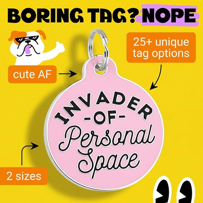 Bad Tags Personalized Dog & Cat ID Tags - Choose from 25+ Tag Designs - Free 5 Lines Custom Engraved - Unique, Cute, Funny, Sassy Pet Tag (Invader of Personal Space - Pink, Large (1.25 inch))