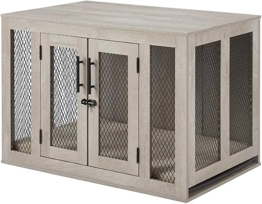 unipaws Furniture Style Dog Crate with Cushion and Tray, Mesh Dog Kennels with Double Doors, End Table Dog House, Medium Crate Indoor Use, Chew-Proof