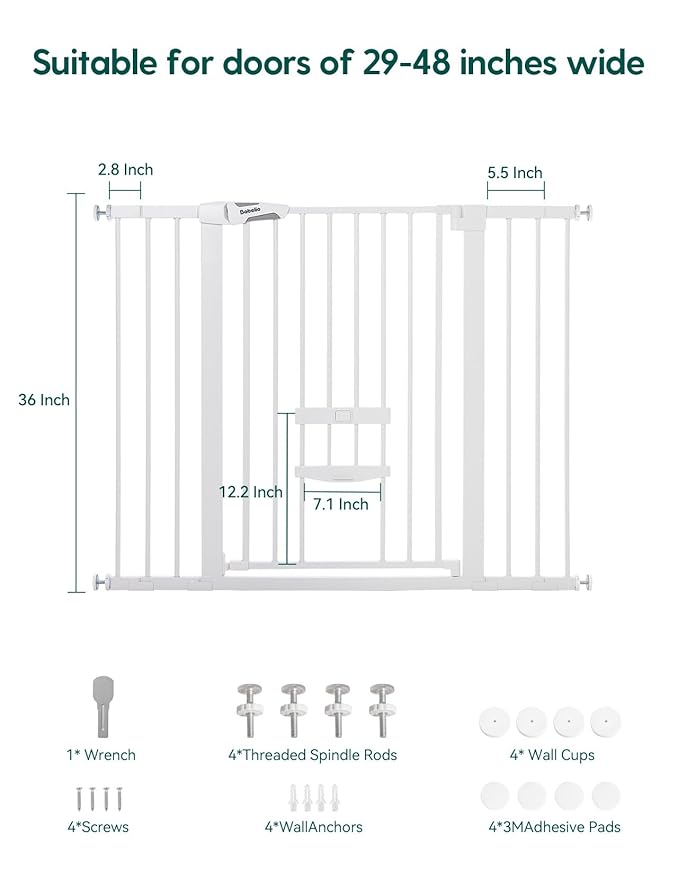 BABELIO 36 Inch Extra Tall Baby Gate with Cat Door, 29-48" Metal Pet Door for Stairs, Doorways, Auto Close, Easy Walk Thru,White
