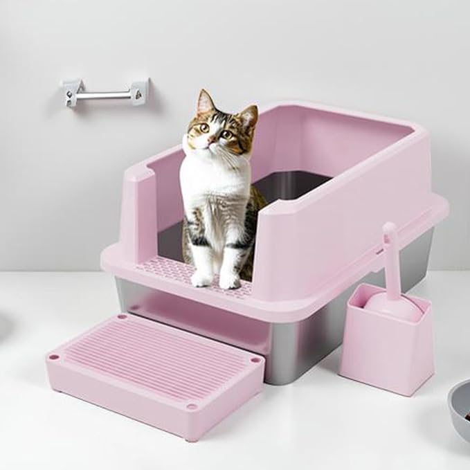 RIZZARI Stainless Steel Litter Box: Pink Leakproof Open Top Tray - Large Size Odor Control for Cats Under 20 lbs - with Deodorizer - 2 Pack - for Laundry Room Restroom