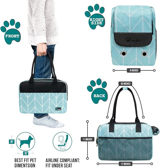 PetAmi Dog Purse Carrier for Small Dogs, Airline Approved Soft Sided Pet Carrier with Pockets, Ventilated Dog Carrying Bag for Puppy Cat, Dog Travel Supplies Bag, Sherpa Bed, Max 12 lbs, Chevron Teal