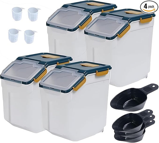 Large Flour Storage Container Bin 25lb,4 Pack Airtight Rice Storage Containers with Wheels Seal Locking Lid BPA Free with Measuring Cup,Scoop for Flour, Rice, Grain, Dry Food - Dark Blue