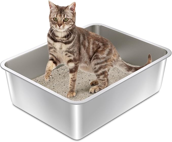 Stainless Steel Litter Box- 17.7" L x 13.77" W x 6" H Metal Cat Litter Box, Medium Cat Litterbox for Kitty or Rabbits,Non Stick, No Smell, Easy to Clean